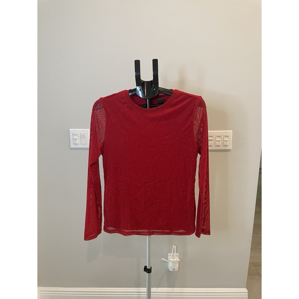 Red Sparkly Long Sleeve Holiday Blouse Tshirt Underneath With Sheer Sparkly Over